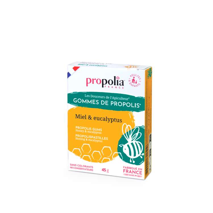 Gommes de Propolis, boite carton Miel et Eucalyptus - 45g : Gommes de Propolis, boite carton Miel et Eucalyptus - 45g